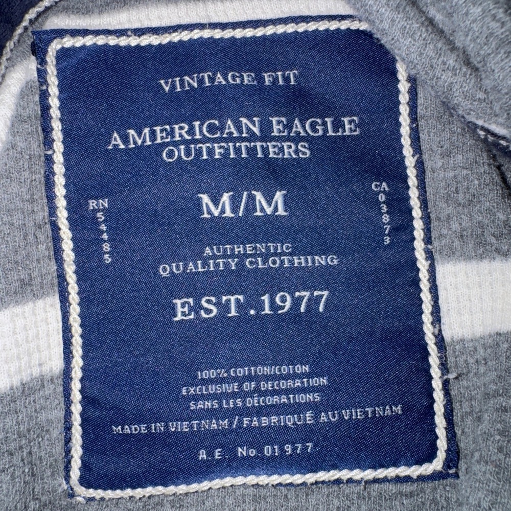 American Eagle Outfitters Mens Medium‎ Grey White Striped Thermal Waffle Hoodie - Picture 7 of 14